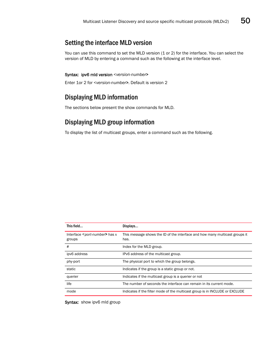 Setting the interface mld version, Displaying mld information, Displaying mld group information | Brocade BigIron RX Series Configuration Guide User Manual | Page 1441 / 1550