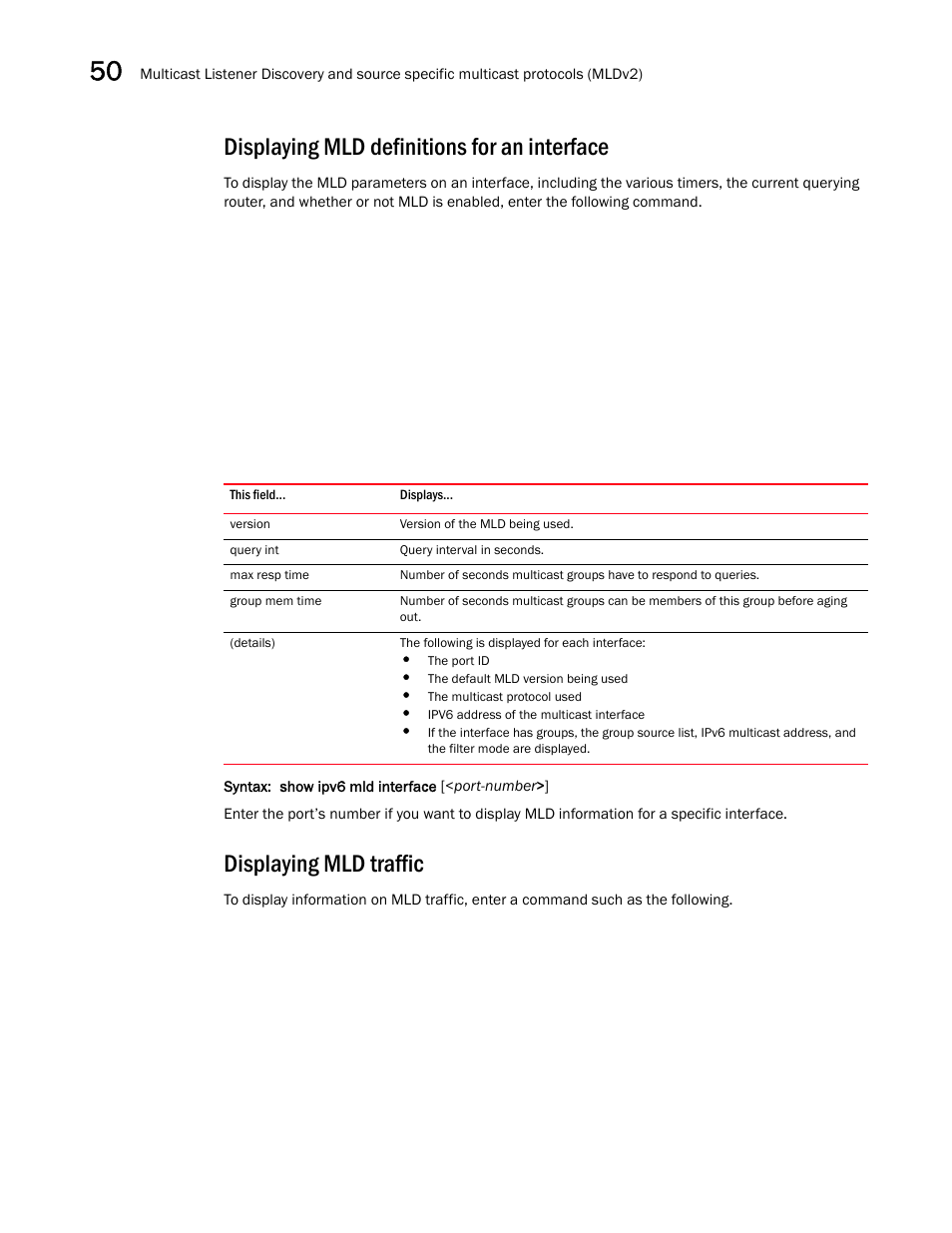 Displaying mld definitions for an interface, Displaying mld traffic | Brocade BigIron RX Series Configuration Guide User Manual | Page 1442 / 1550