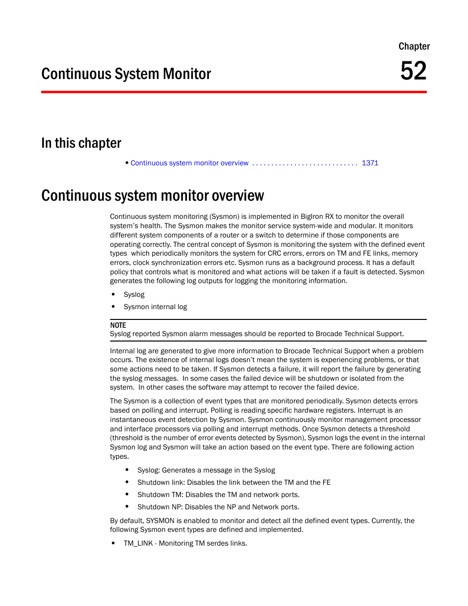 Continuous system monitor, Continuous system monitor overview, Chapter 52 | Continuous system, Monitor | Brocade BigIron RX Series Configuration Guide User Manual | Page 1449 / 1550