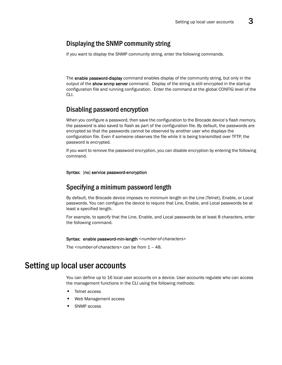 Displaying the snmp community string, Disabling password encryption, Specifying a minimum password length | Setting up local user accounts | Brocade BigIron RX Series Configuration Guide User Manual | Page 145 / 1550