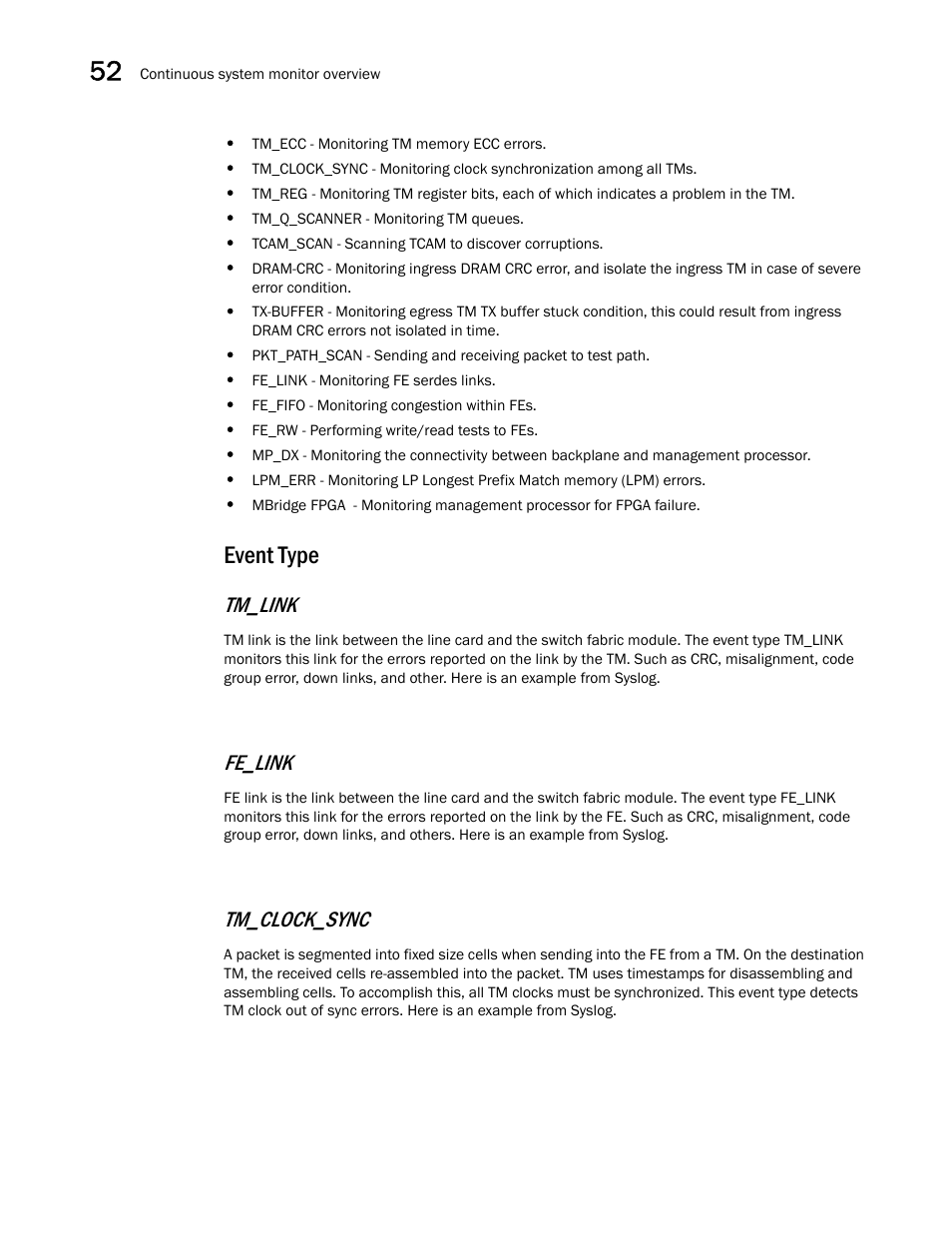 Event type, Tm_link, Fe_link | Tm_clock_sync | Brocade BigIron RX Series Configuration Guide User Manual | Page 1450 / 1550