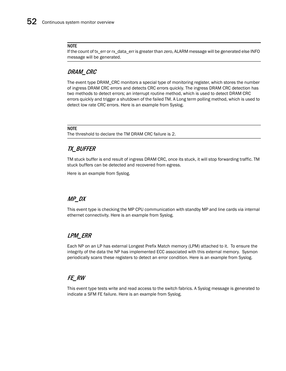 Dram_crc, Tx_buffer, Mp_dx | Lpm_err, Fe_rw | Brocade BigIron RX Series Configuration Guide User Manual | Page 1452 / 1550