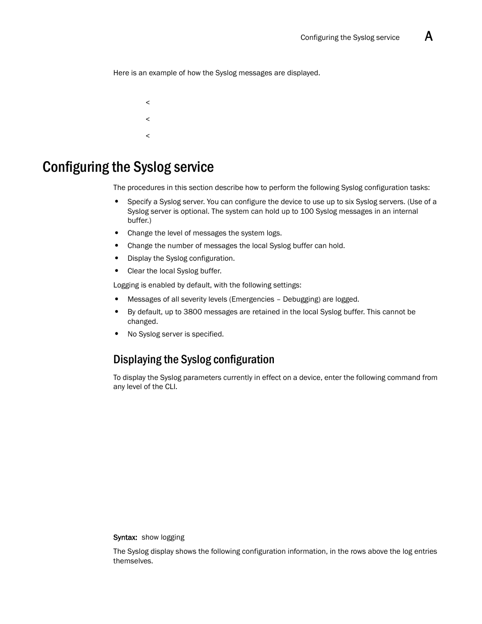 Configuring the syslog service, Displaying the syslog configuration | Brocade BigIron RX Series Configuration Guide User Manual | Page 1459 / 1550