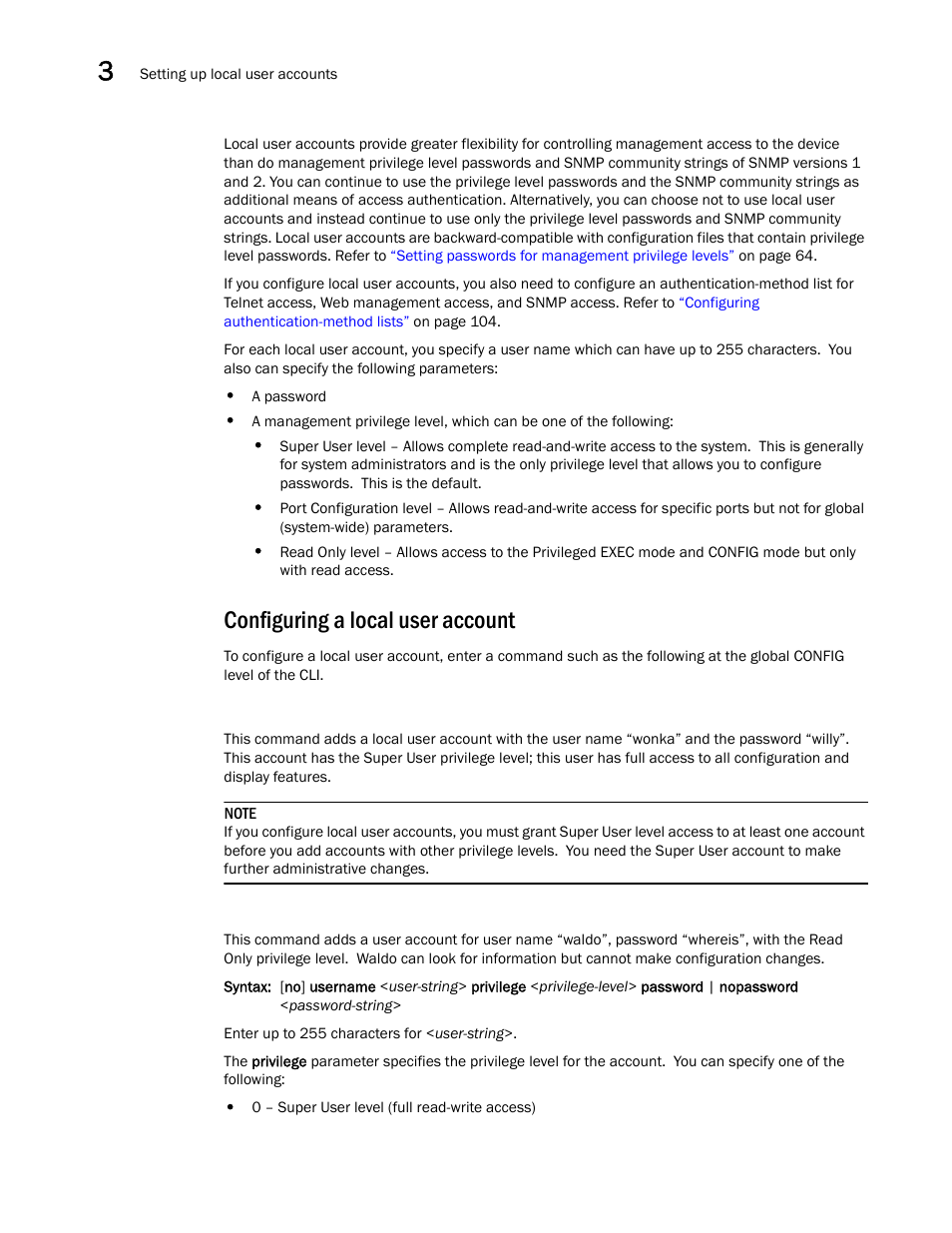 Configuring a local user account | Brocade BigIron RX Series Configuration Guide User Manual | Page 146 / 1550