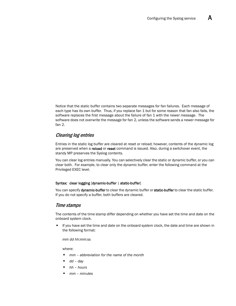 Clearing log entries, Time stamps | Brocade BigIron RX Series Configuration Guide User Manual | Page 1461 / 1550