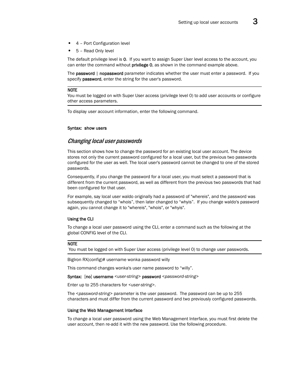 Changing local user passwords | Brocade BigIron RX Series Configuration Guide User Manual | Page 147 / 1550