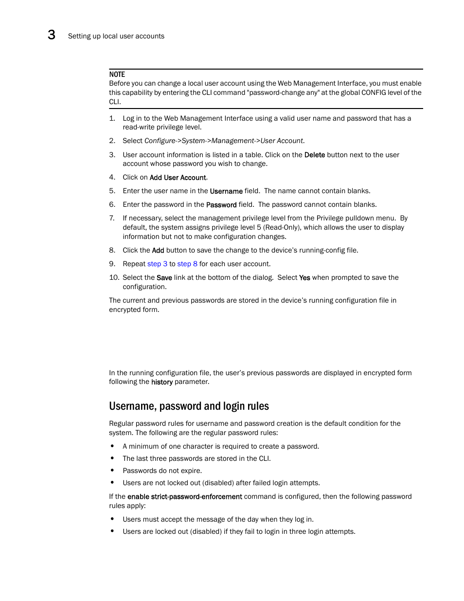 Username, password and login rules | Brocade BigIron RX Series Configuration Guide User Manual | Page 148 / 1550