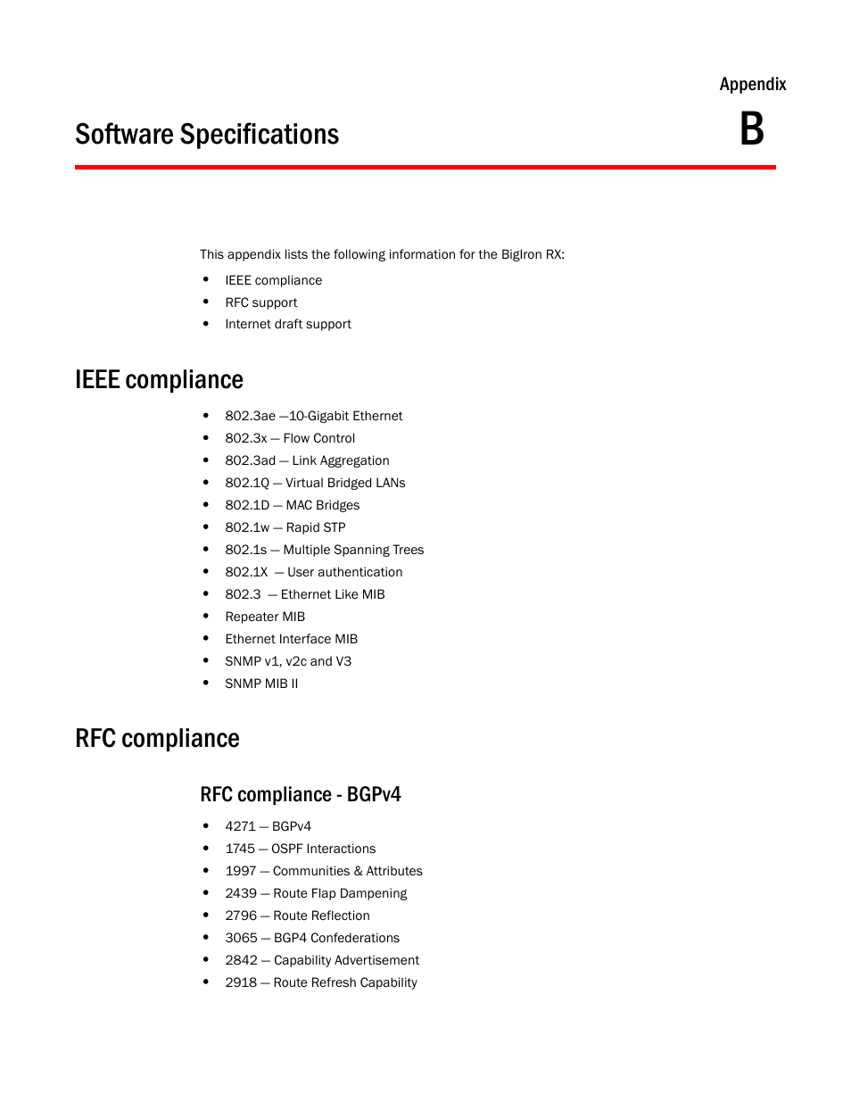 Software specifications, Ieee compliance, Rfc compliance | Rfc compliance - bgpv4, Appendix b | Brocade BigIron RX Series Configuration Guide User Manual | Page 1487 / 1550