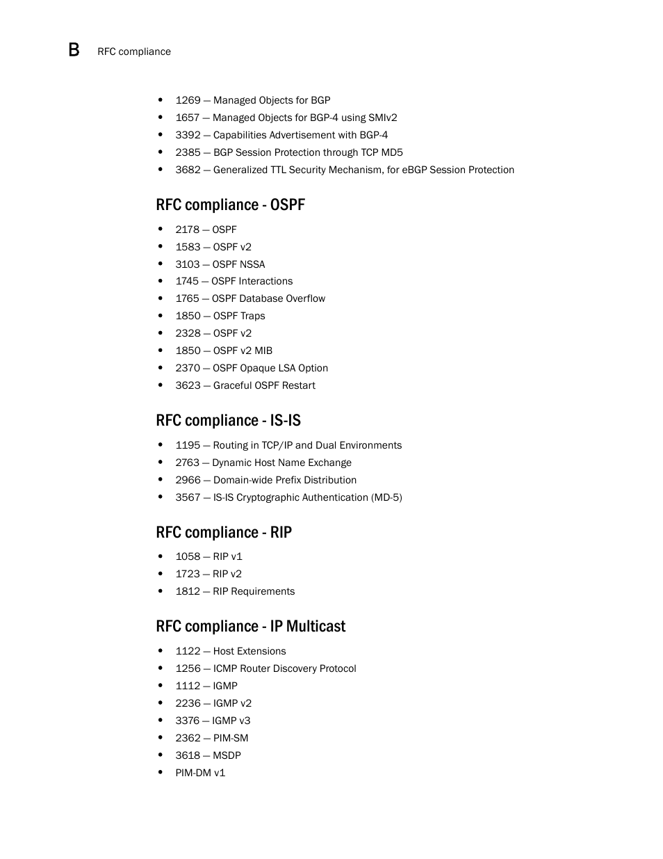 Rfc compliance - ospf, Rfc compliance - is-is, Rfc compliance - rip | Rfc compliance - ip multicast | Brocade BigIron RX Series Configuration Guide User Manual | Page 1488 / 1550