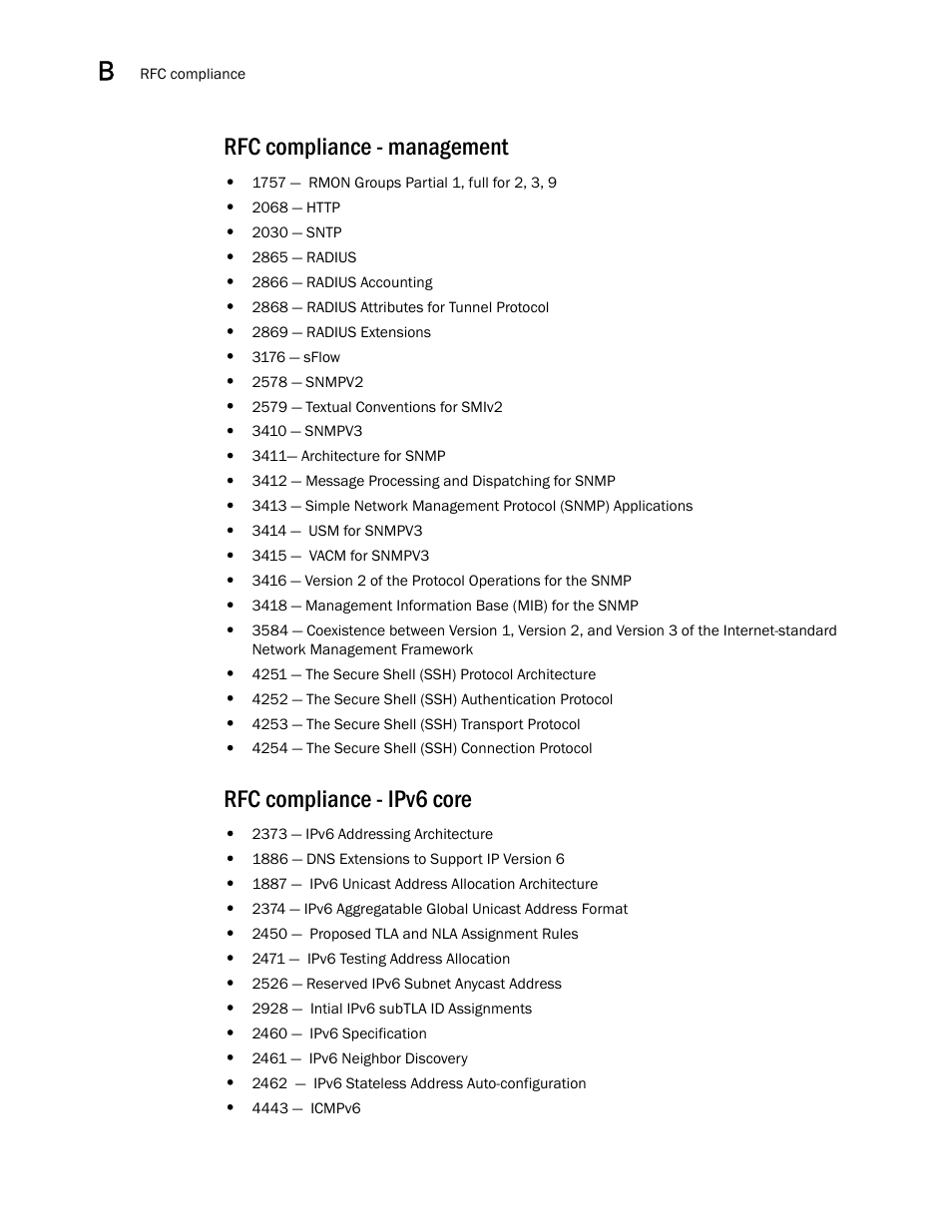 Rfc compliance - management, Rfc compliance - ipv6 core | Brocade BigIron RX Series Configuration Guide User Manual | Page 1490 / 1550
