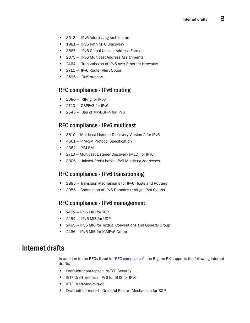 Rfc compliance - ipv6 routing, Rfc compliance - ipv6 multicast, Rfc compliance - ipv6 transitioning | Rfc compliance - ipv6 management, Internet drafts | Brocade BigIron RX Series Configuration Guide User Manual | Page 1491 / 1550