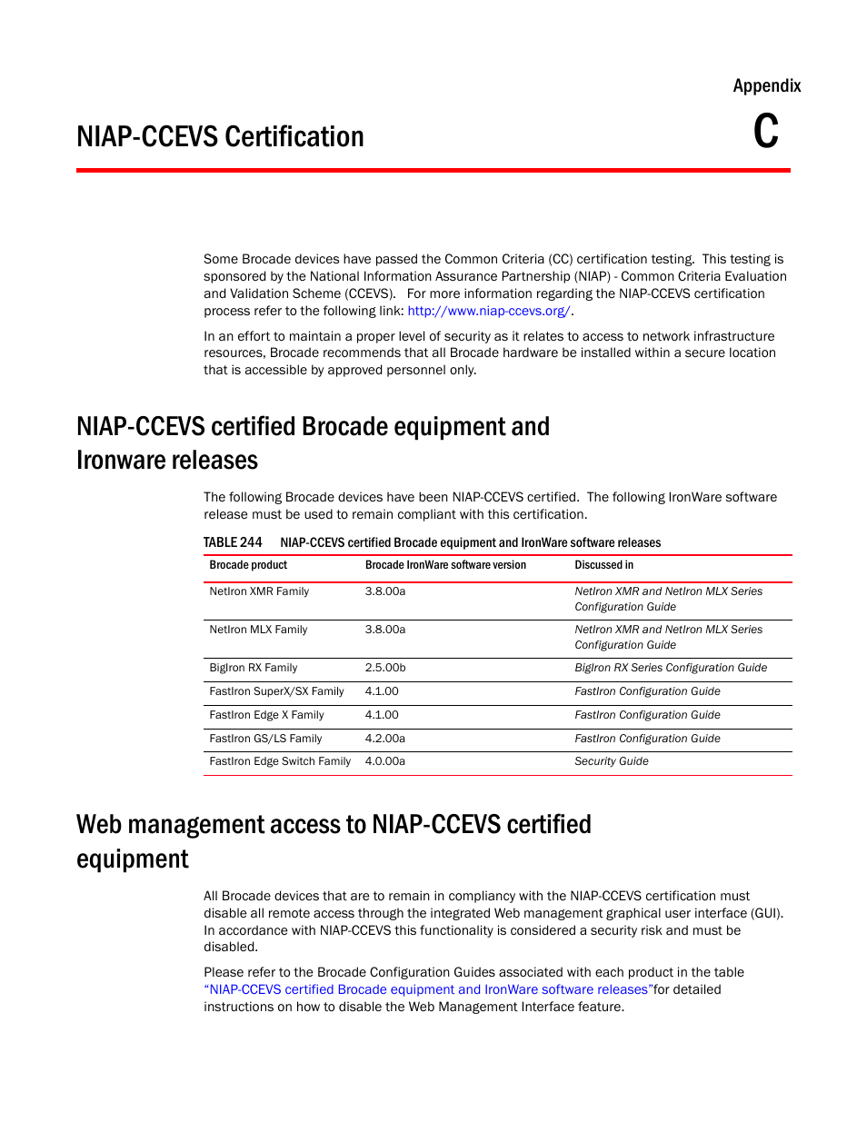 Niap-ccevs certification, Appendix c, Appendix | Brocade BigIron RX Series Configuration Guide User Manual | Page 1493 / 1550