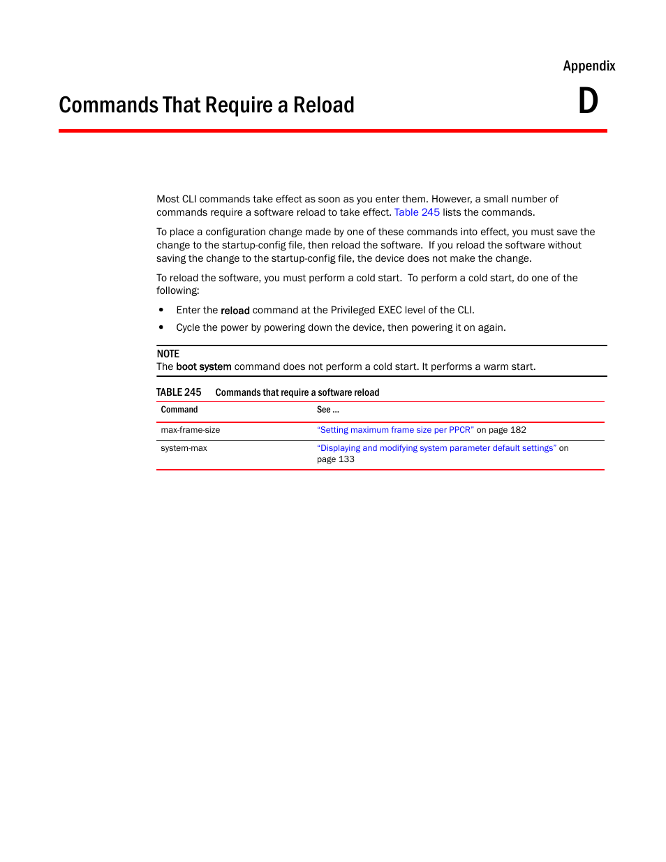 Commands that require a reload, Appendix d, Appendix | Brocade BigIron RX Series Configuration Guide User Manual | Page 1495 / 1550