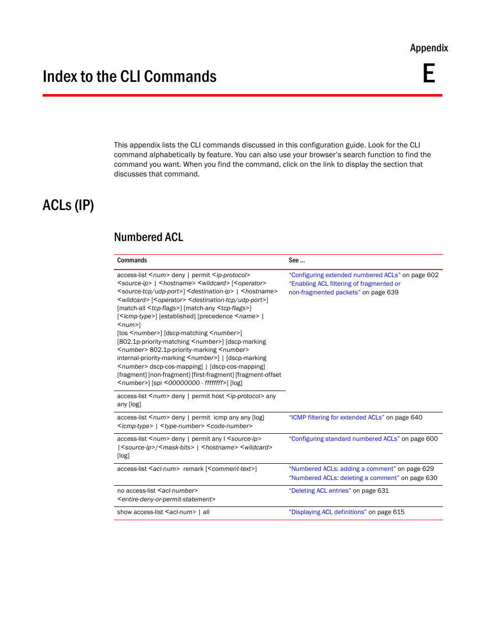 Index to the cli commands, Acls (ip), Numbered acl | Appendix e, Appendix | Brocade BigIron RX Series Configuration Guide User Manual | Page 1497 / 1550