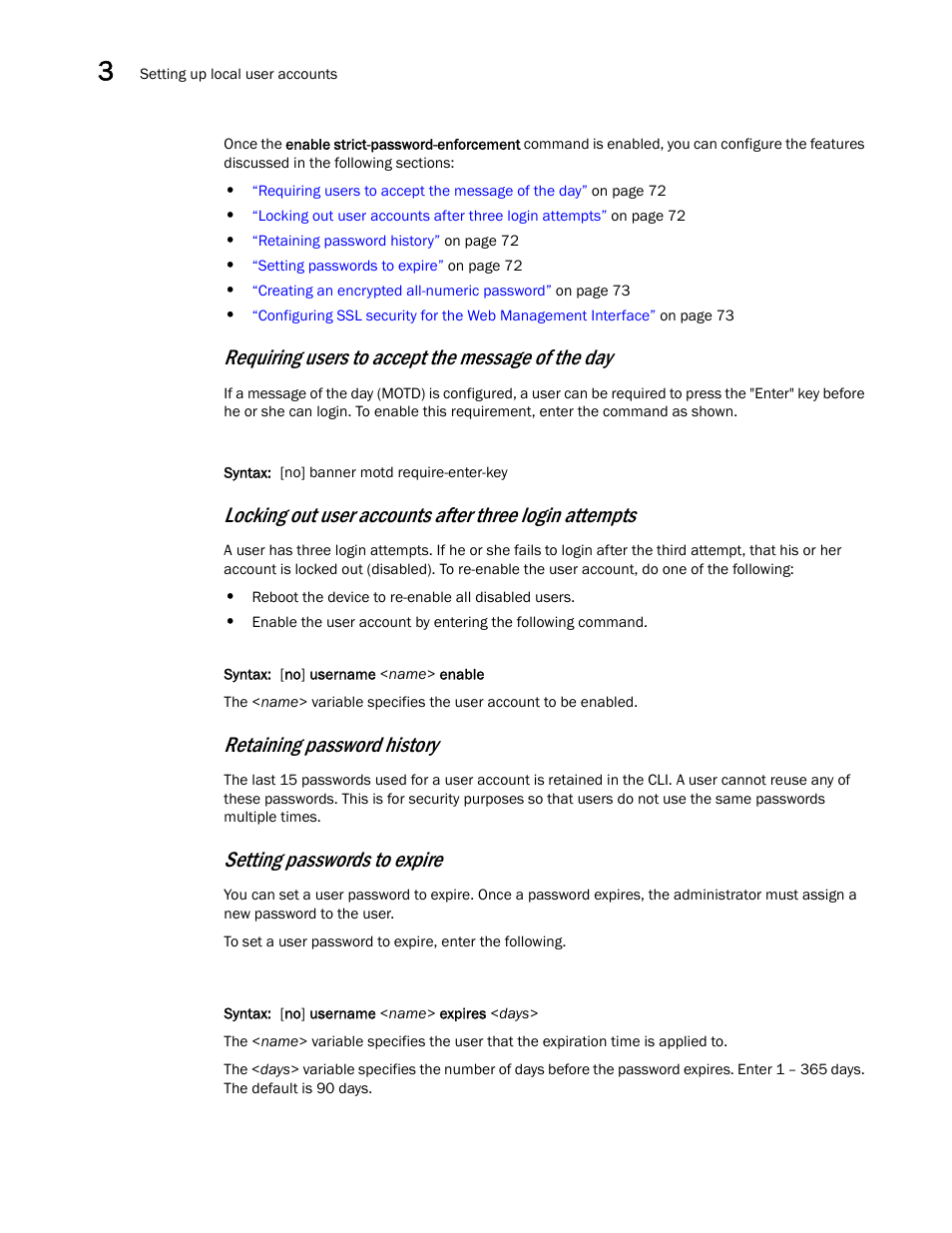 Requiring users to accept the message of the day, Retaining password history, Setting passwords to expire | Brocade BigIron RX Series Configuration Guide User Manual | Page 150 / 1550