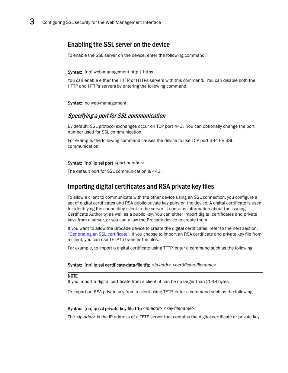 Enabling the ssl server on the device, Specifying a port for ssl communication | Brocade BigIron RX Series Configuration Guide User Manual | Page 152 / 1550