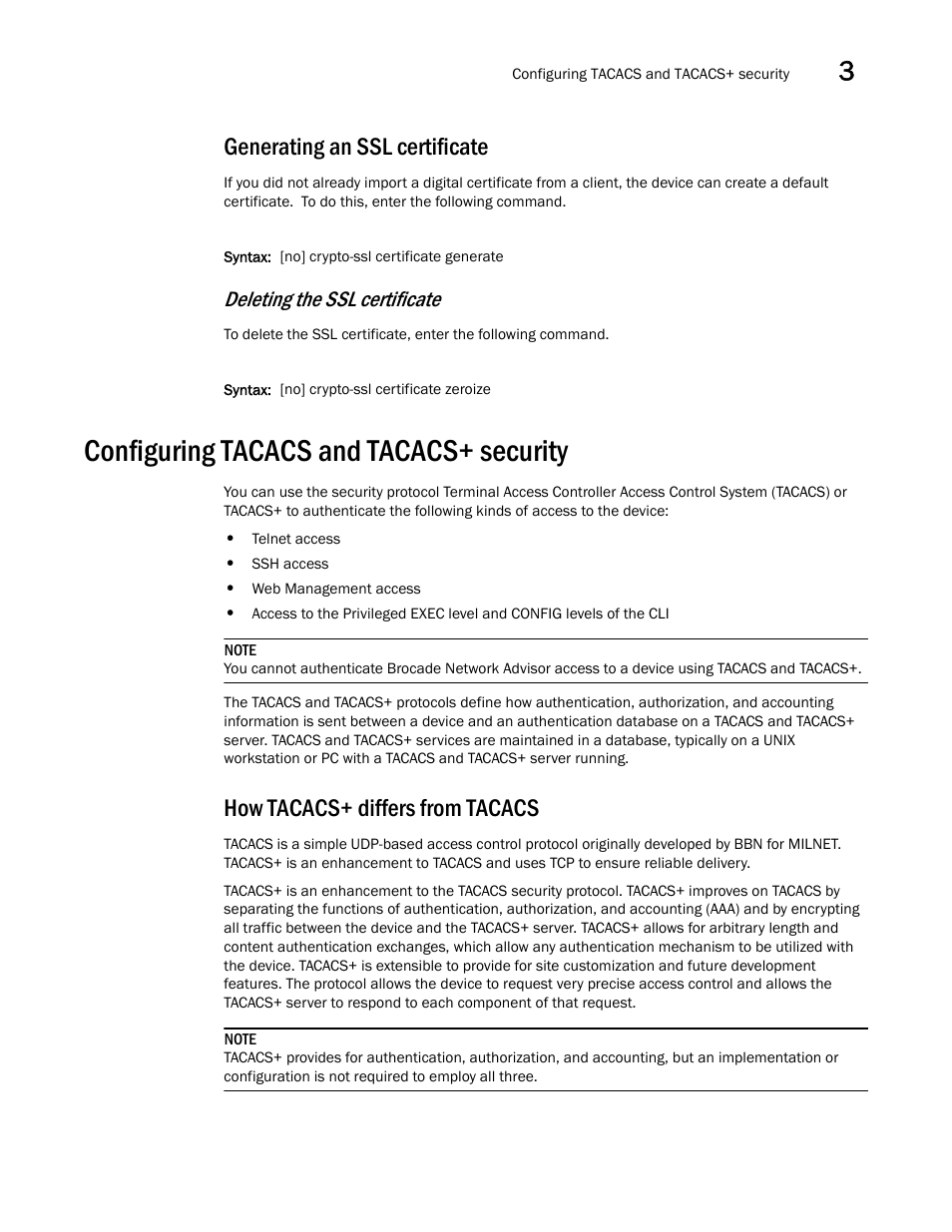 Generating an ssl certificate, Configuring tacacs and tacacs+ security, How tacacs+ differs from tacacs | Deleting the ssl certificate | Brocade BigIron RX Series Configuration Guide User Manual | Page 153 / 1550