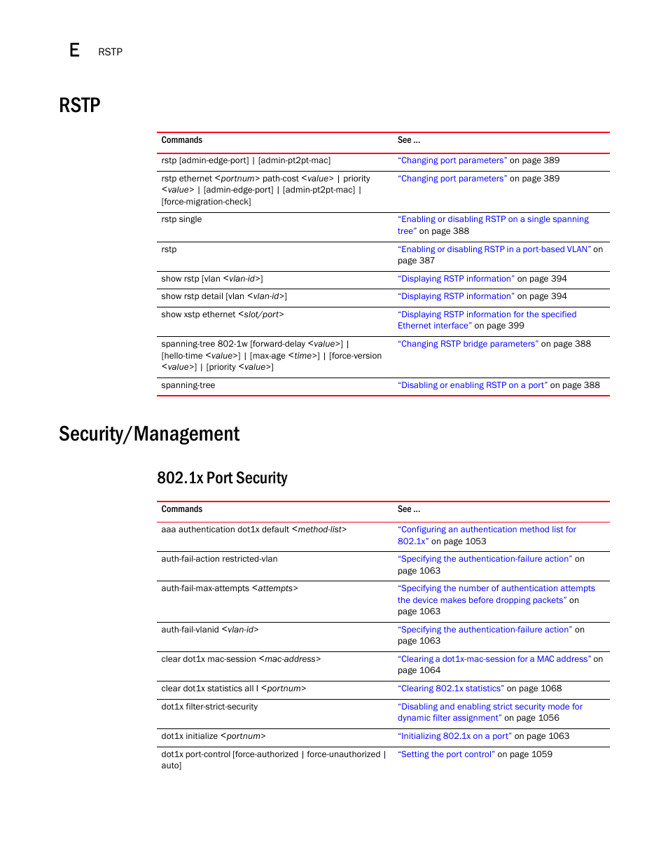 Rstp, Security/management, 1x port security | Rstp security/management | Brocade BigIron RX Series Configuration Guide User Manual | Page 1532 / 1550