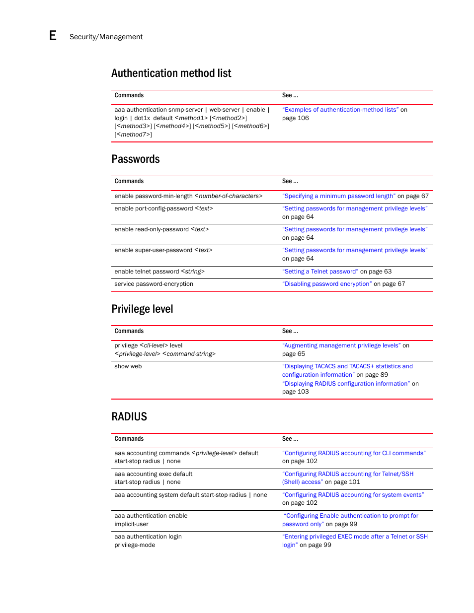 Authentication method list, Passwords, Privilege level | Radius | Brocade BigIron RX Series Configuration Guide User Manual | Page 1534 / 1550