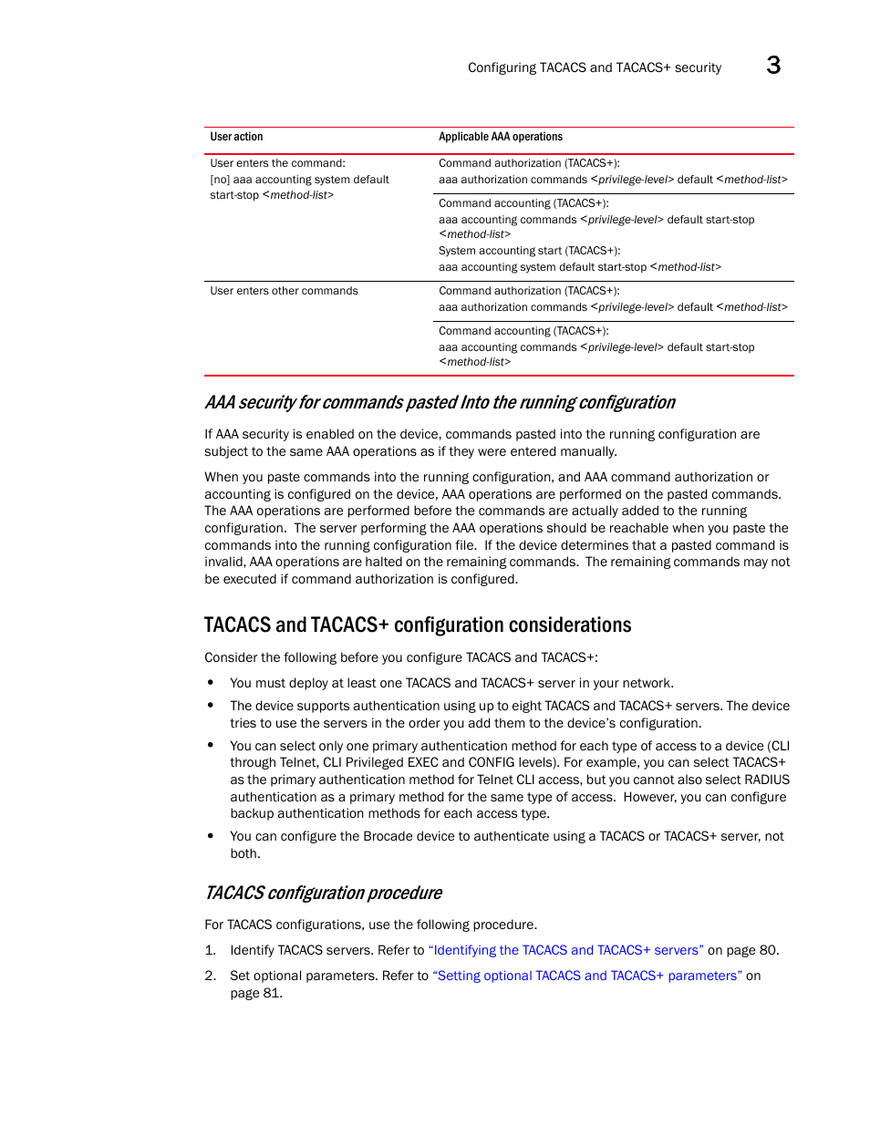 Tacacs and tacacs+ configuration considerations, Tacacs configuration procedure | Brocade BigIron RX Series Configuration Guide User Manual | Page 157 / 1550