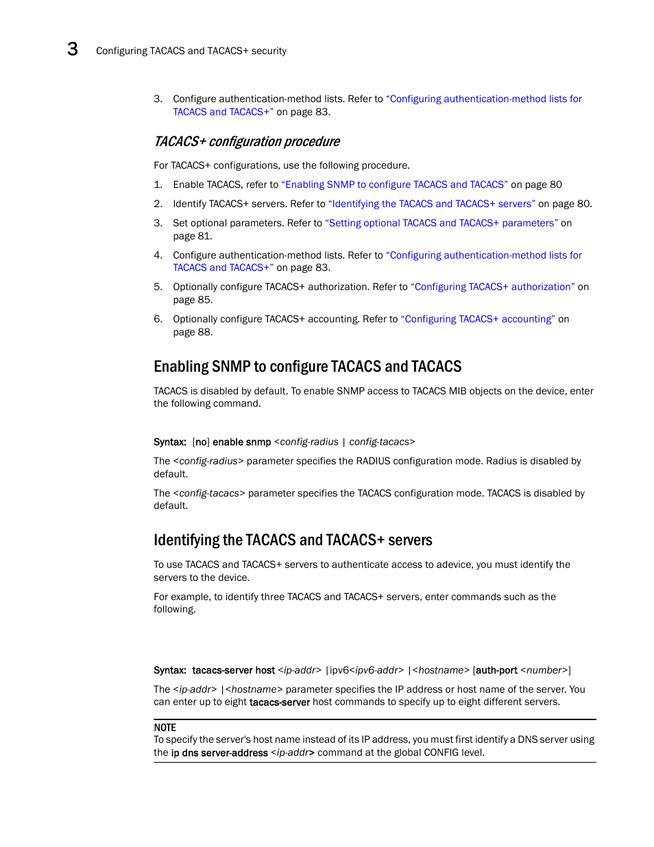 Enabling snmp to configure tacacs and tacacs, Identifying the tacacs and tacacs+ servers, Tacacs+ configuration procedure | Brocade BigIron RX Series Configuration Guide User Manual | Page 158 / 1550