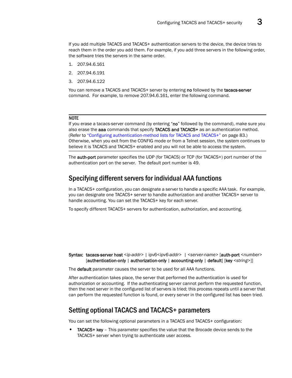 Setting optional tacacs and tacacs+ parameters | Brocade BigIron RX Series Configuration Guide User Manual | Page 159 / 1550