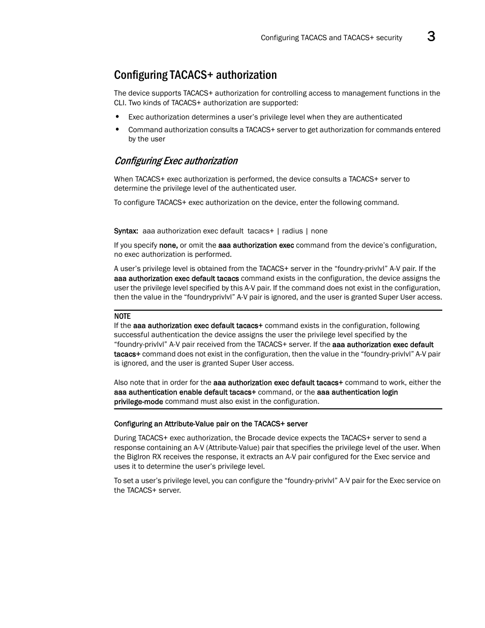 Configuring tacacs+ authorization, Configuring exec authorization | Brocade BigIron RX Series Configuration Guide User Manual | Page 163 / 1550