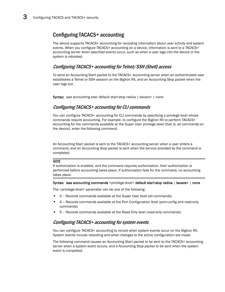 Configuring tacacs+ accounting, Configuring tacacs+ accounting for cli commands, Configuring tacacs+ accounting for system events | Brocade BigIron RX Series Configuration Guide User Manual | Page 166 / 1550