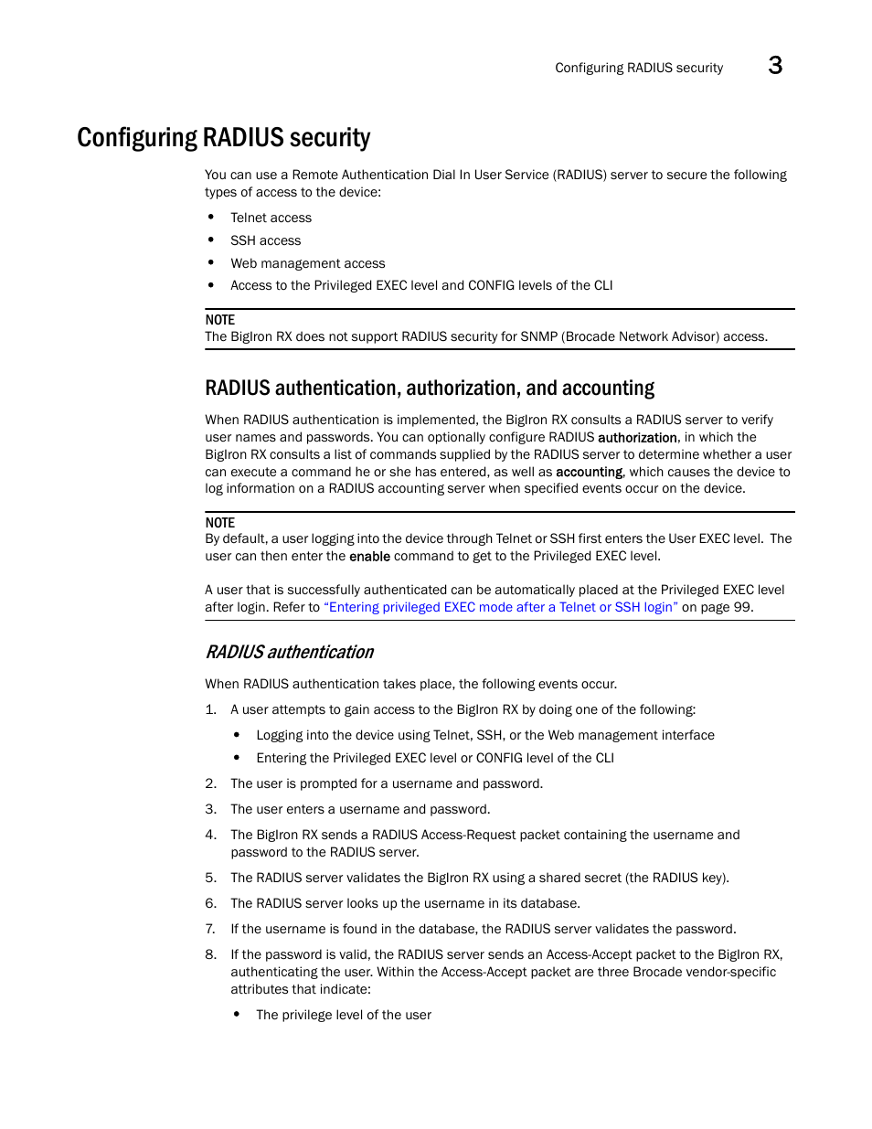 Configuring radius security, Configuring radius, Security | Radius authentication | Brocade BigIron RX Series Configuration Guide User Manual | Page 169 / 1550