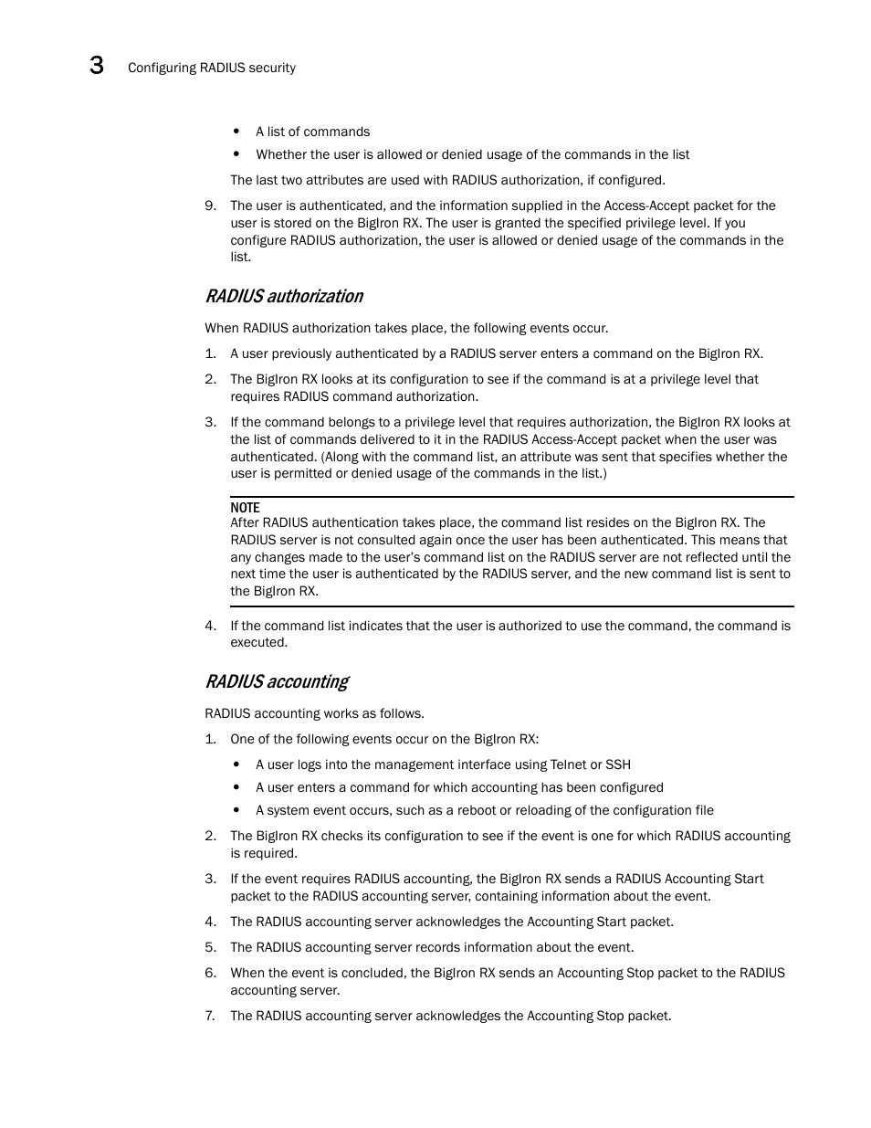 Radius authorization, Radius accounting | Brocade BigIron RX Series Configuration Guide User Manual | Page 170 / 1550