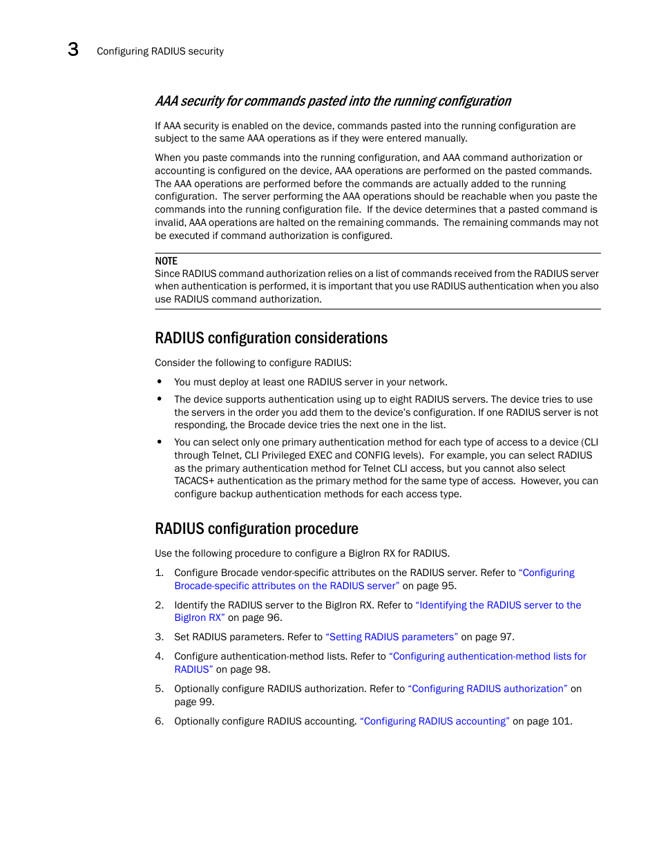 Radius configuration considerations, Radius configuration procedure | Brocade BigIron RX Series Configuration Guide User Manual | Page 172 / 1550
