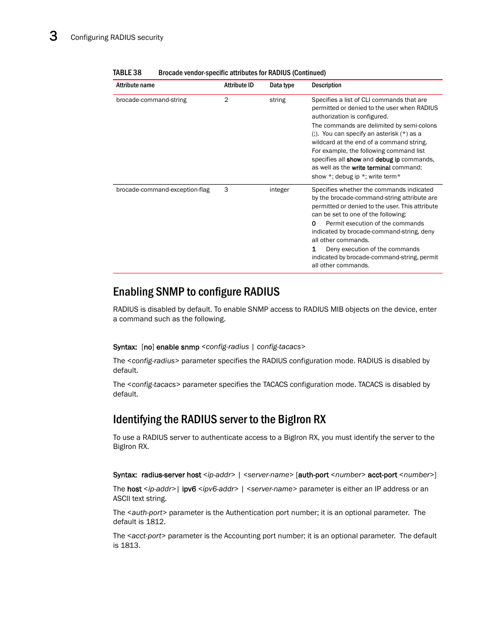 Enabling snmp to configure radius, Identifying the radius server to the bigiron rx, Identifying the radius server to the | Bigiron rx | Brocade BigIron RX Series Configuration Guide User Manual | Page 174 / 1550