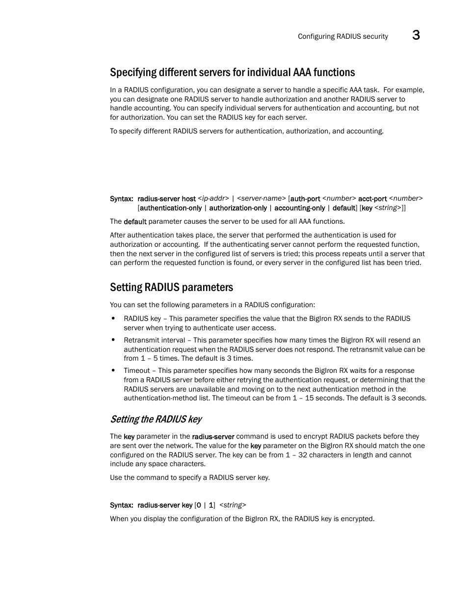 Setting radius parameters, Setting the radius key | Brocade BigIron RX Series Configuration Guide User Manual | Page 175 / 1550