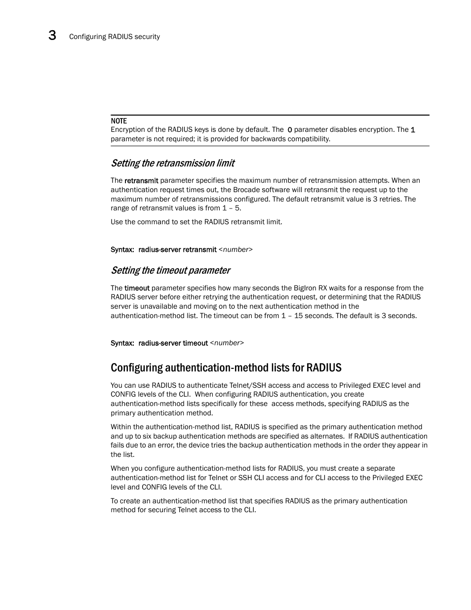 Configuring authentication-method lists for radius, Configuring authentication-method lists for, Radius | Setting the retransmission limit, Setting the timeout parameter | Brocade BigIron RX Series Configuration Guide User Manual | Page 176 / 1550