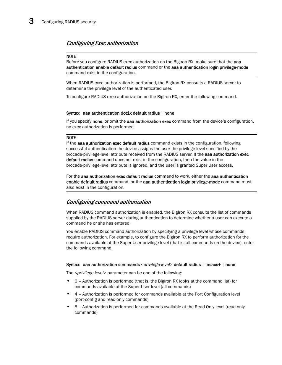 Configuring exec authorization, Configuring command authorization | Brocade BigIron RX Series Configuration Guide User Manual | Page 178 / 1550
