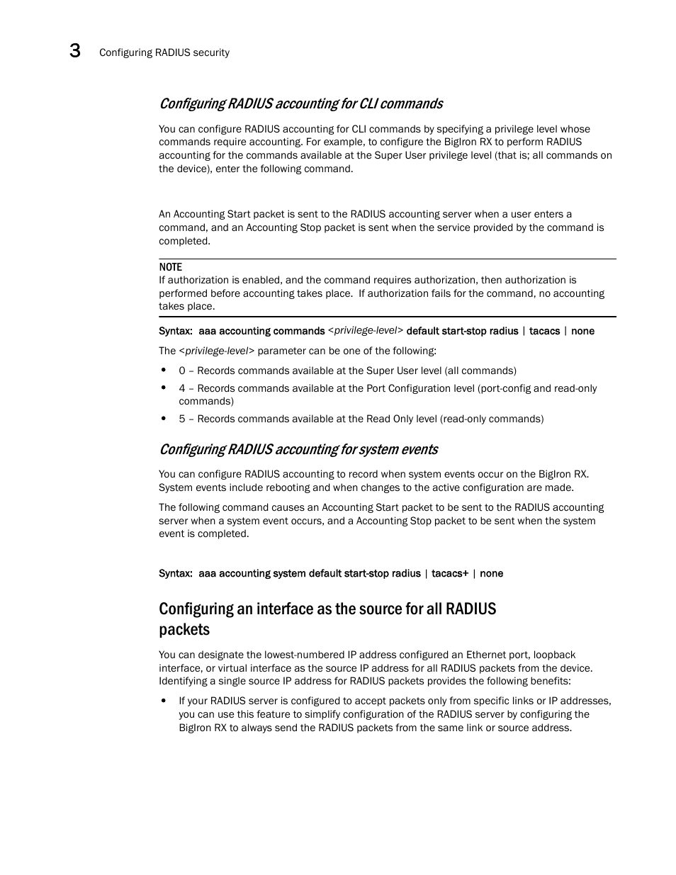 Configuring radius accounting for cli commands, Configuring radius accounting for system events | Brocade BigIron RX Series Configuration Guide User Manual | Page 180 / 1550