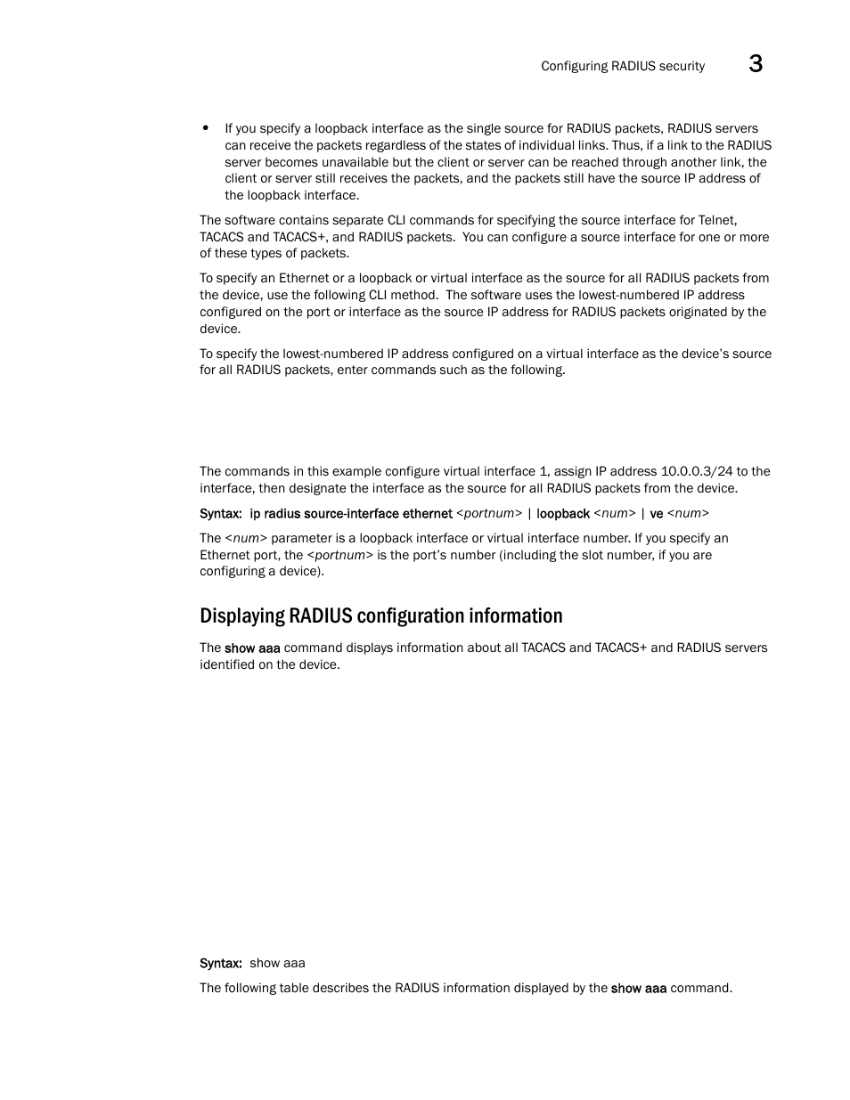 Displaying radius configuration information | Brocade BigIron RX Series Configuration Guide User Manual | Page 181 / 1550