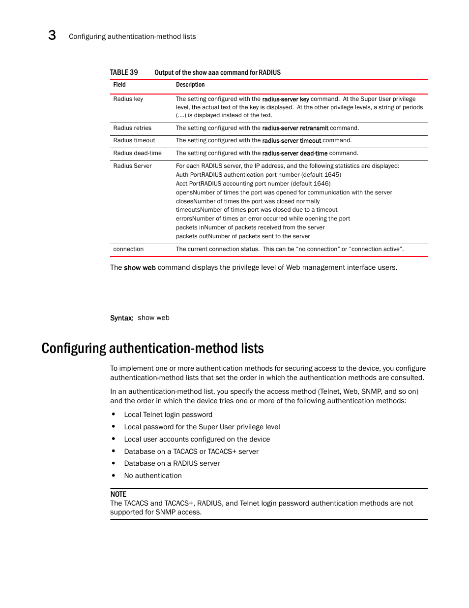 Configuring authentication-method lists, Configuring, Authentication-method lists | Brocade BigIron RX Series Configuration Guide User Manual | Page 182 / 1550