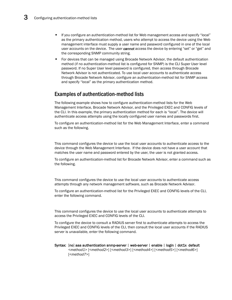 Examples of authentication-method lists | Brocade BigIron RX Series Configuration Guide User Manual | Page 184 / 1550