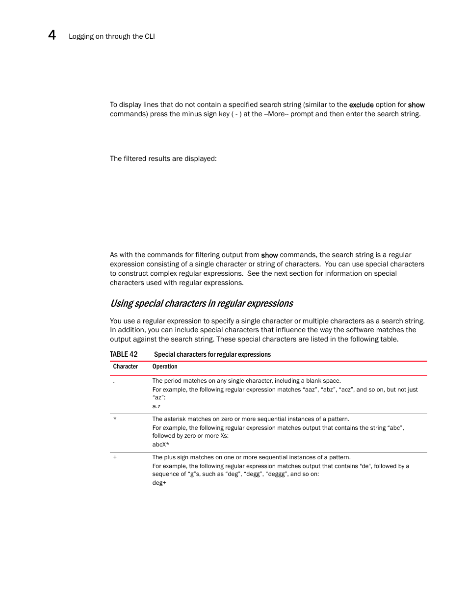 Using special characters in regular expressions | Brocade BigIron RX Series Configuration Guide User Manual | Page 192 / 1550