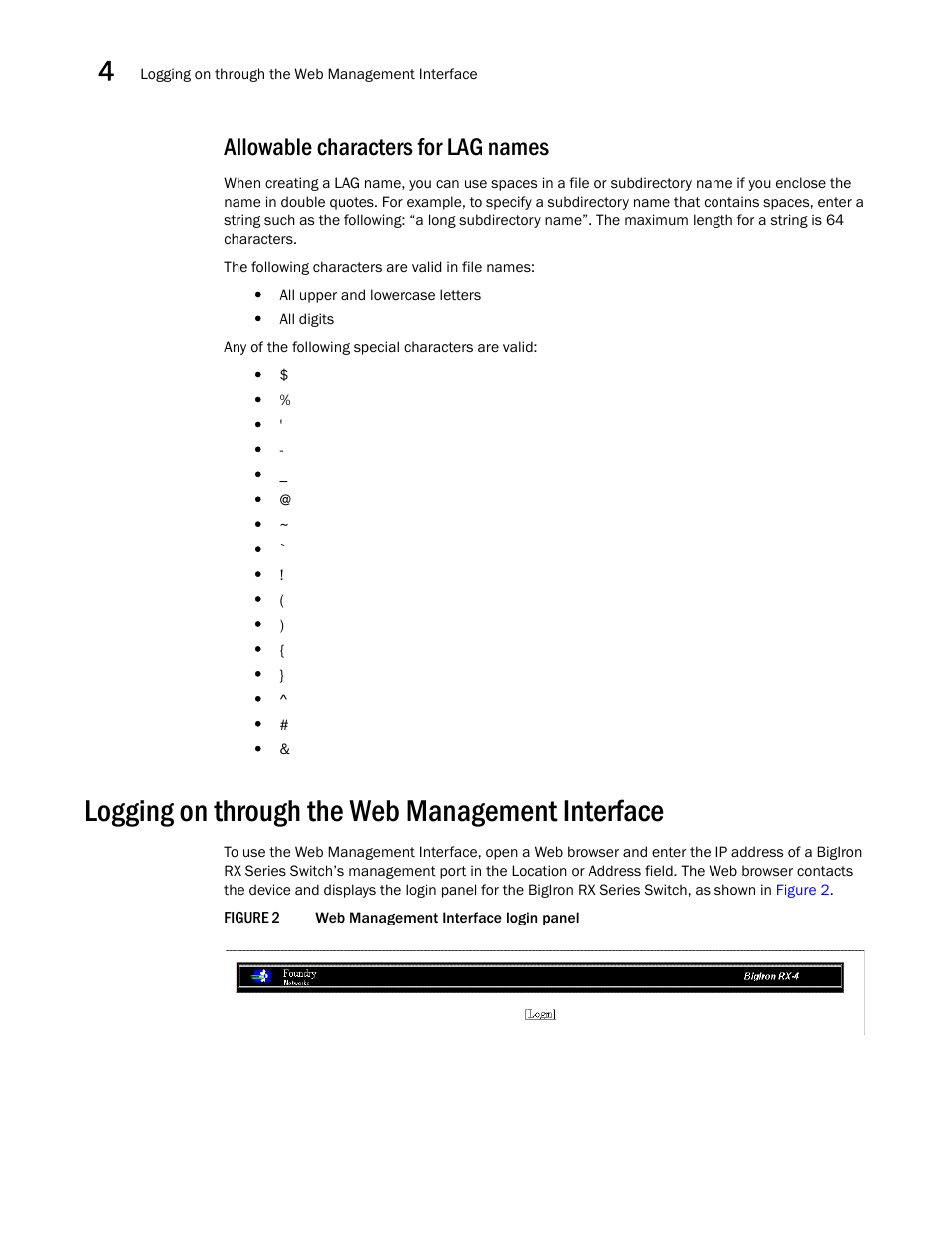 Allowable characters for lag names, Logging on through the web management interface | Brocade BigIron RX Series Configuration Guide User Manual | Page 194 / 1550