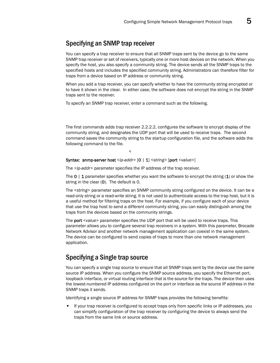 Specifying an snmp trap receiver, Specifying a single trap source | Brocade BigIron RX Series Configuration Guide User Manual | Page 199 / 1550