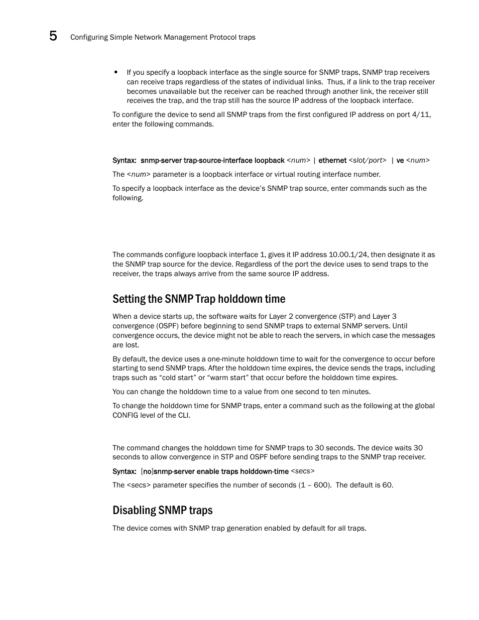 Setting the snmp trap holddown time, Disabling snmp traps | Brocade BigIron RX Series Configuration Guide User Manual | Page 200 / 1550