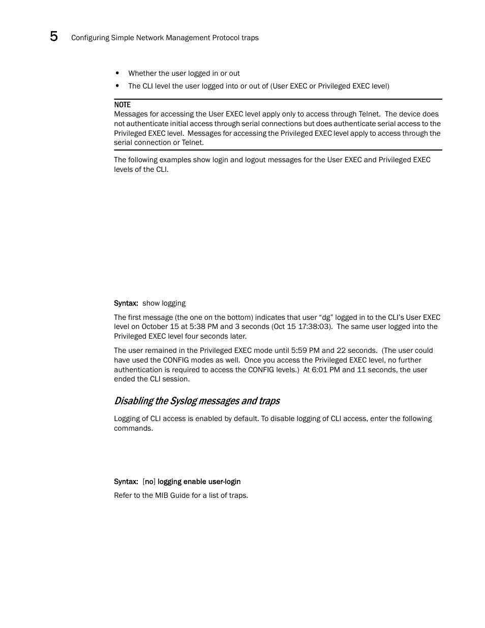 Disabling the syslog messages and traps | Brocade BigIron RX Series Configuration Guide User Manual | Page 202 / 1550