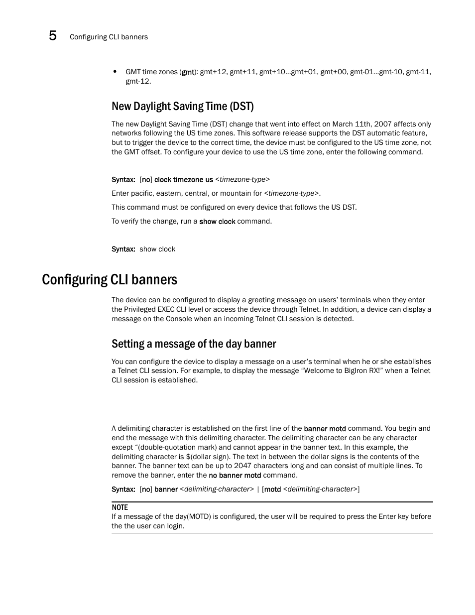 New daylight saving time (dst), Configuring cli banners, Setting a message of the day banner | New daylight, Saving time (dst) | Brocade BigIron RX Series Configuration Guide User Manual | Page 208 / 1550