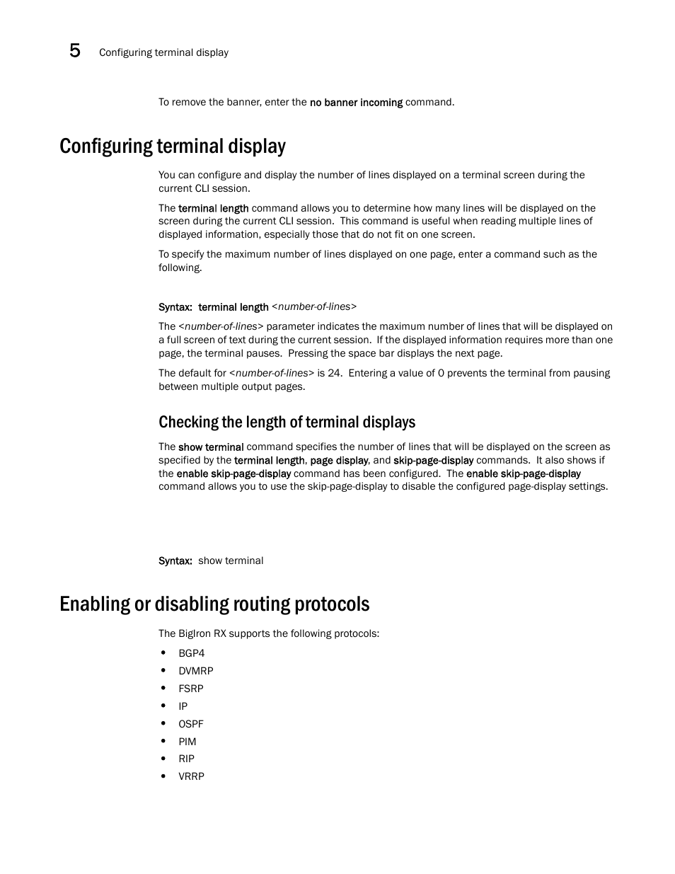 Configuring terminal display, Checking the length of terminal displays, Enabling or disabling routing protocols | Brocade BigIron RX Series Configuration Guide User Manual | Page 210 / 1550