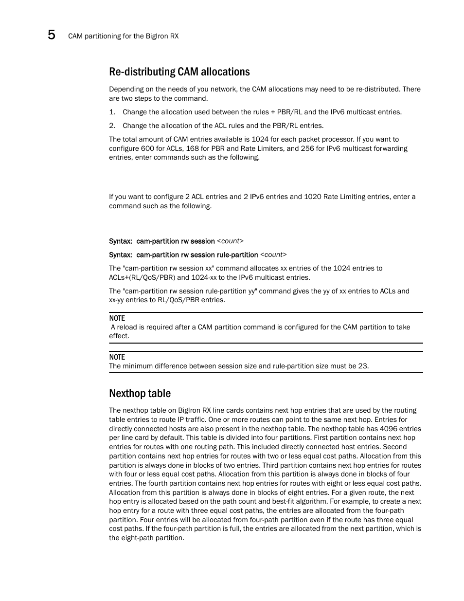 Re-distributing cam allocations, Nexthop table, Re-distributing | Cam allocations | Brocade BigIron RX Series Configuration Guide User Manual | Page 216 / 1550