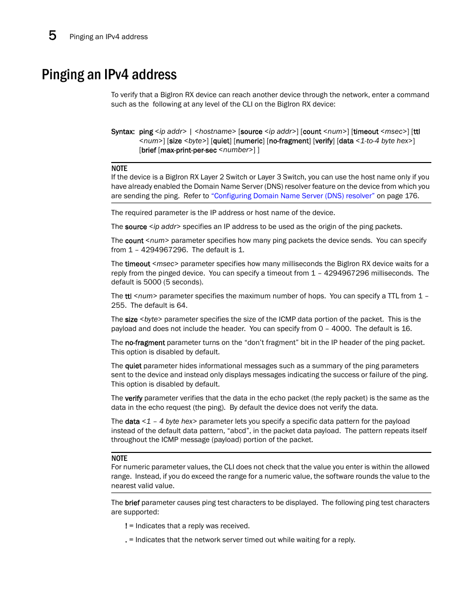 Pinging an ipv4 address | Brocade BigIron RX Series Configuration Guide User Manual | Page 218 / 1550