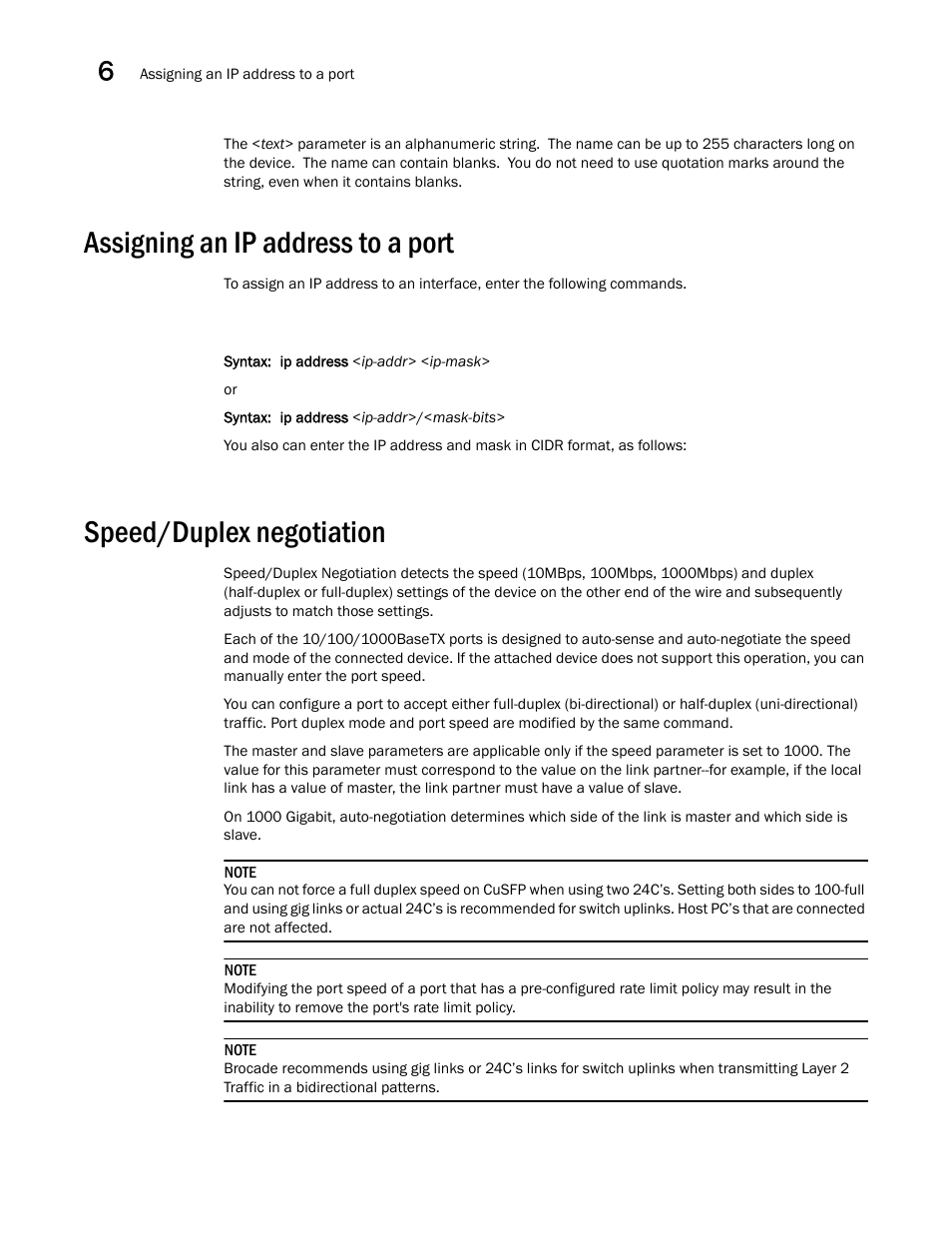 Assigning an ip address to a port, Speed/duplex negotiation, Speed/duplex | Negotiation | Brocade BigIron RX Series Configuration Guide User Manual | Page 222 / 1550