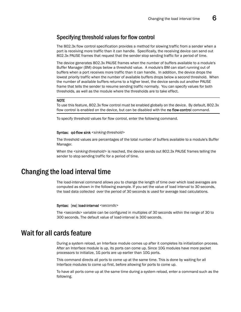 Specifying threshold values for flow control, Changing the load interval time, Wait for all cards feature | Brocade BigIron RX Series Configuration Guide User Manual | Page 225 / 1550